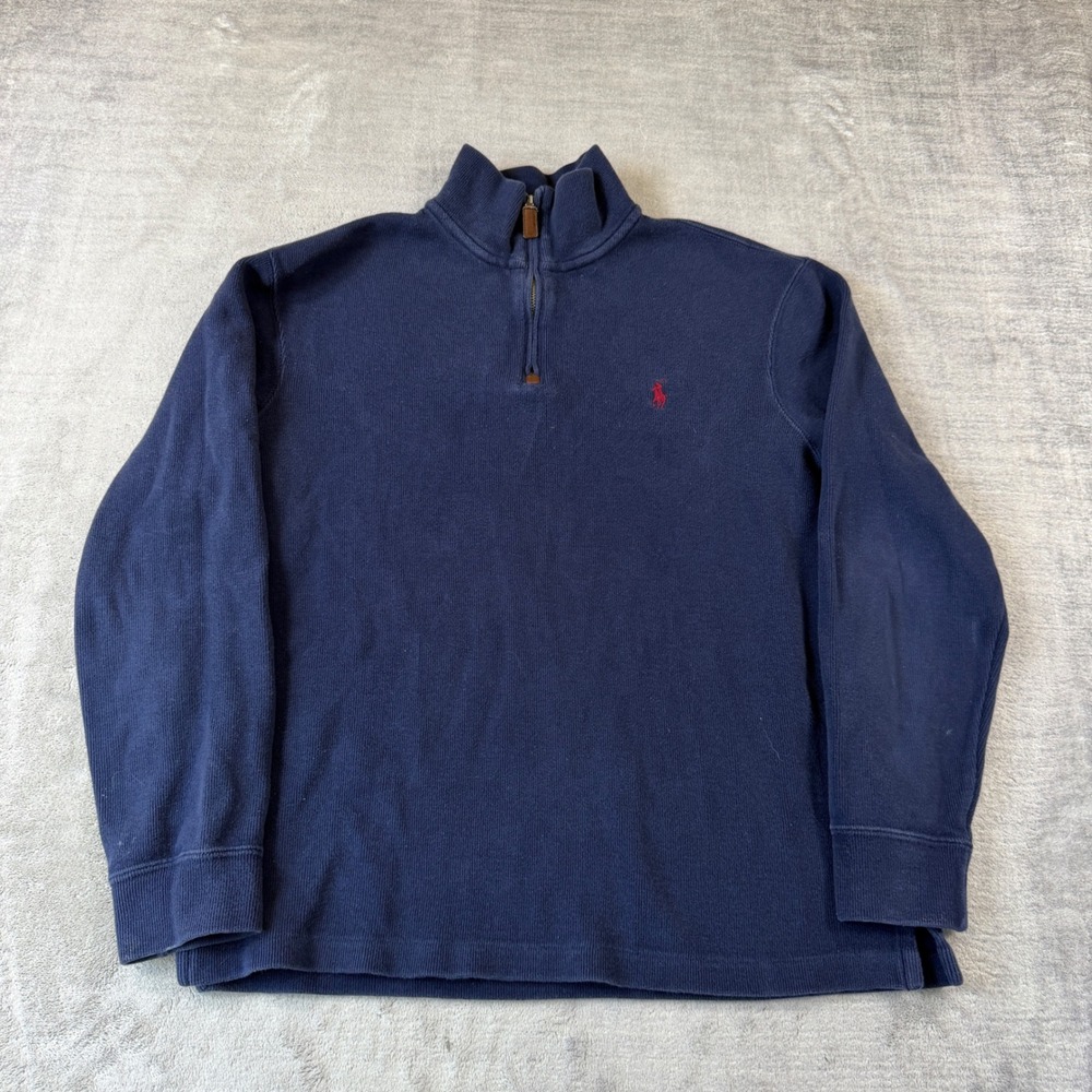 Polo Ralph Lauren Sweatshirt Mens Medium Blue Quarter Zip Ribbed Logo Preppy